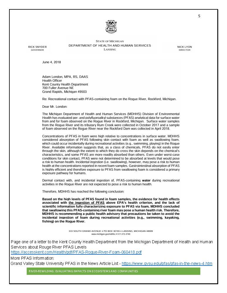 Letter from MDHHS to Kent County Health Department about PFAS